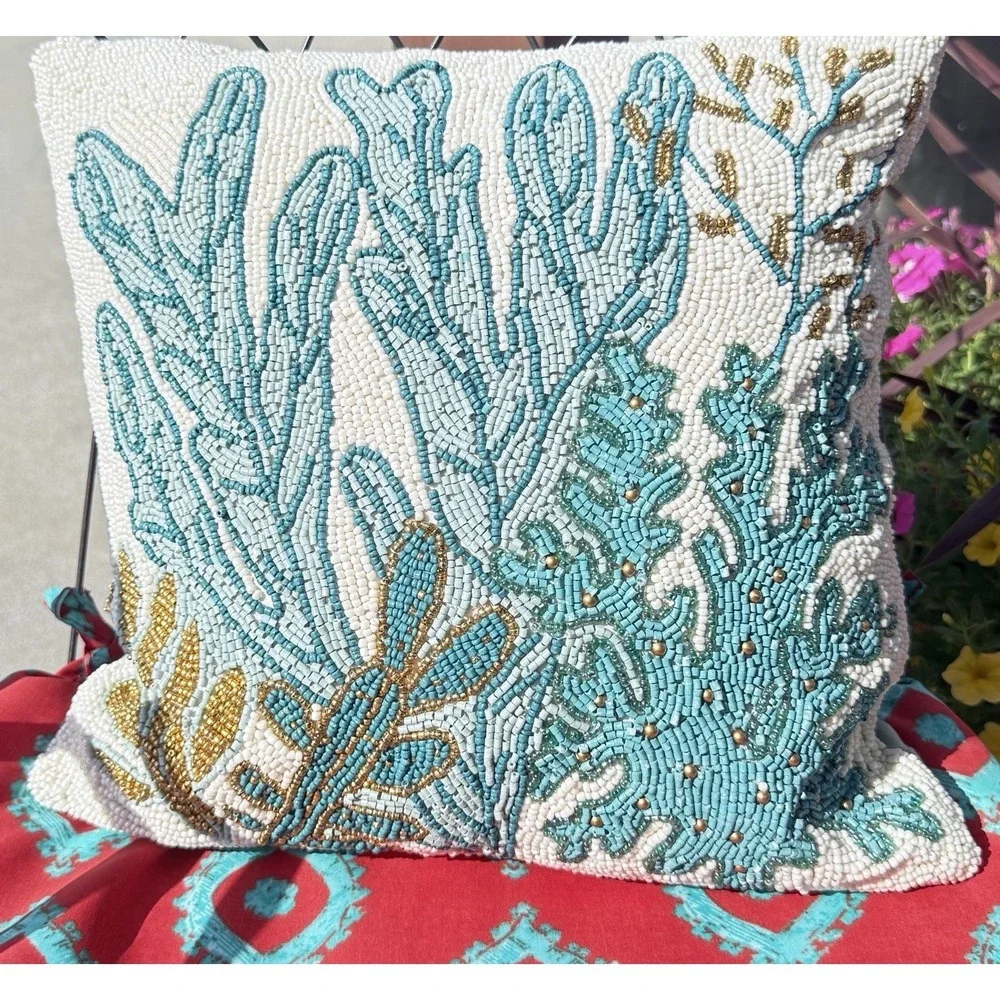 Two Coastal Coral Beaded Jeweled Throw Pillows Pair 12x12 Blue Green Pier 1